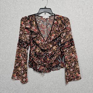 BCBGeneration Bohemian Long Sleeve Blouse Size S VNeck Tassel Tie Floral Top